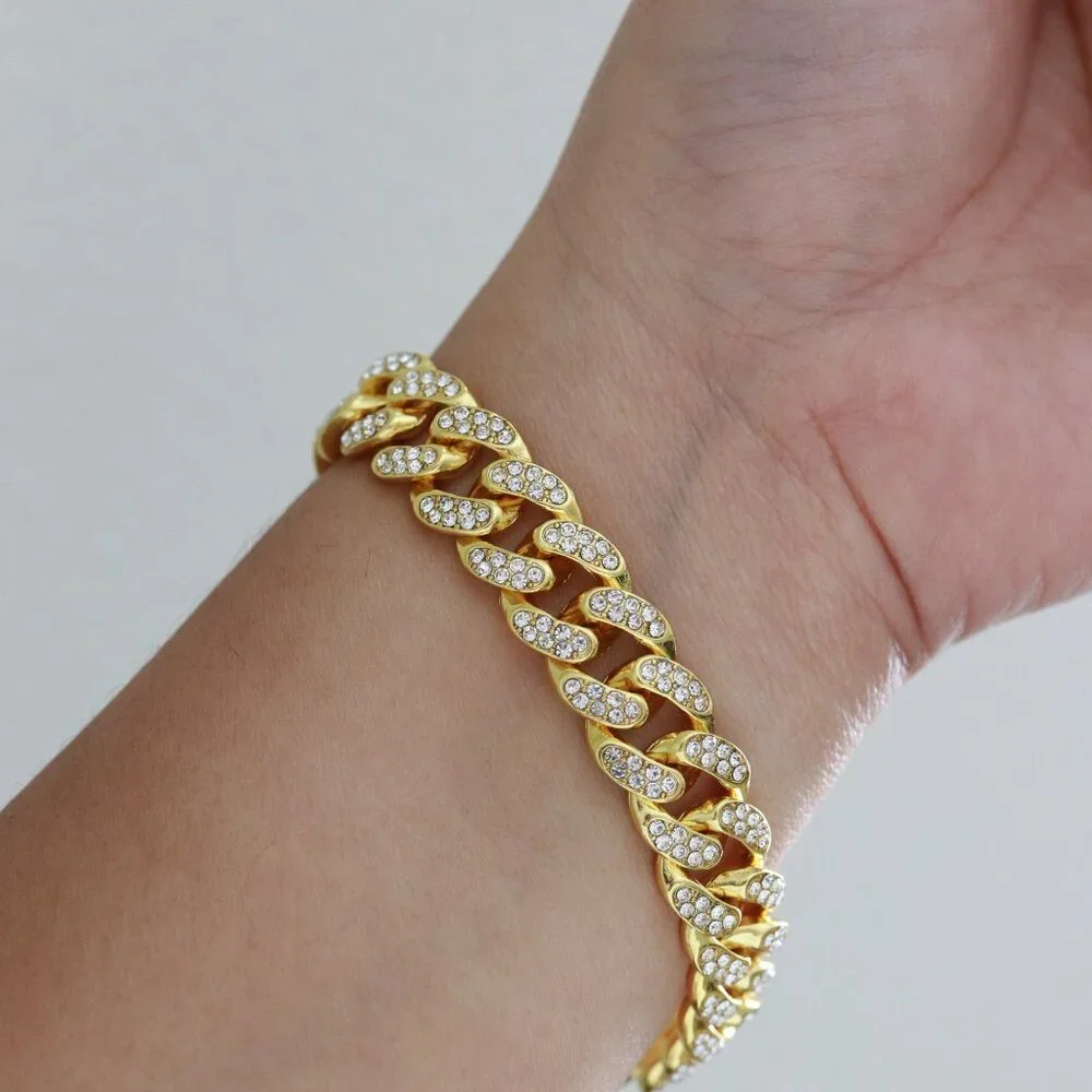 MAYDEAL 12.5MM 8inches Cuban Curb Diamond Chain‎ Gold Plated Bracelet